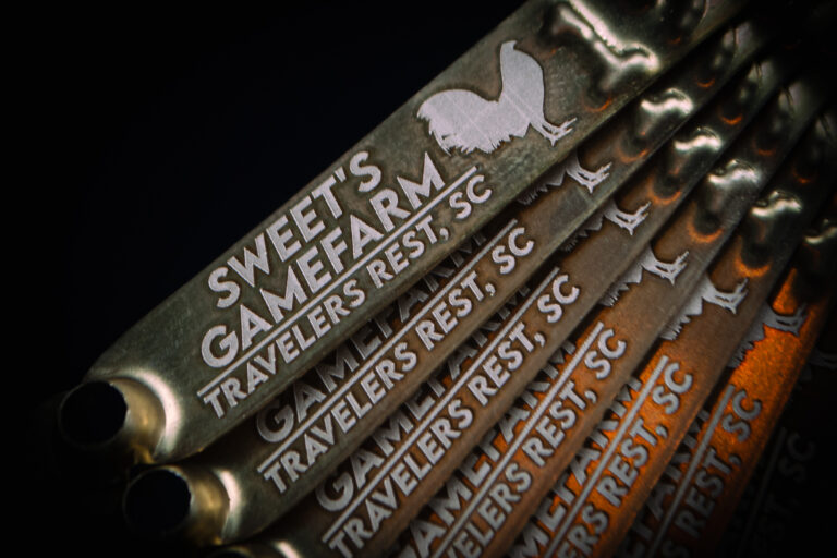 Custom engraved leg bands for Sweet's Gamefarm