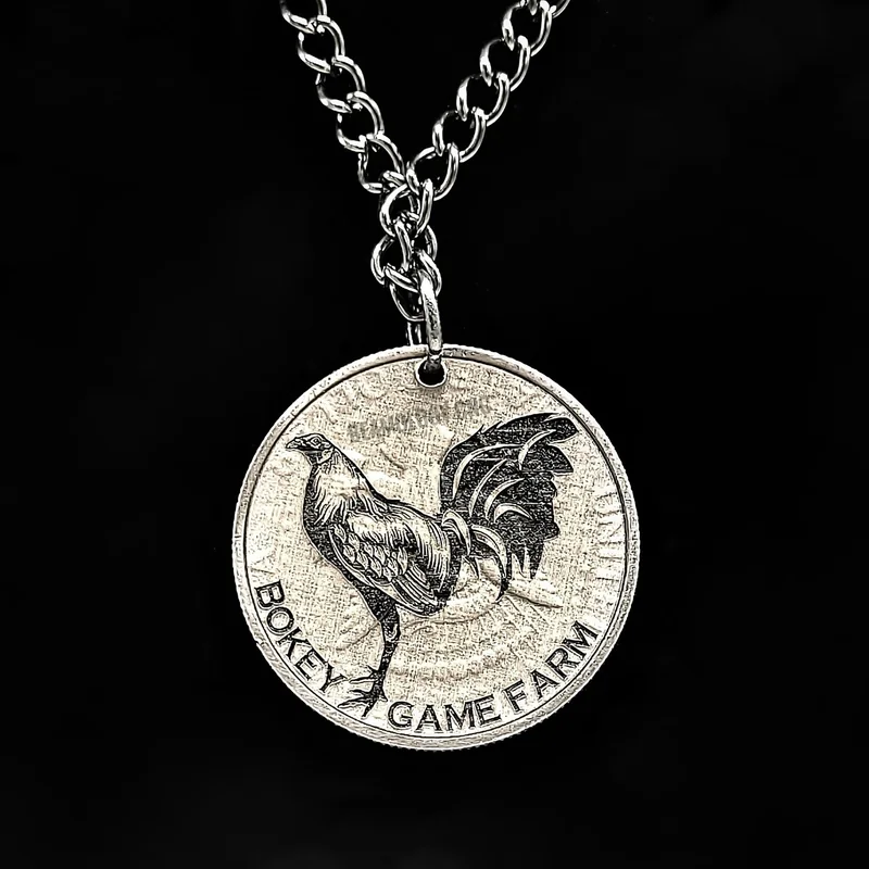 Engraved half dollar gamefowl necklace on a chain