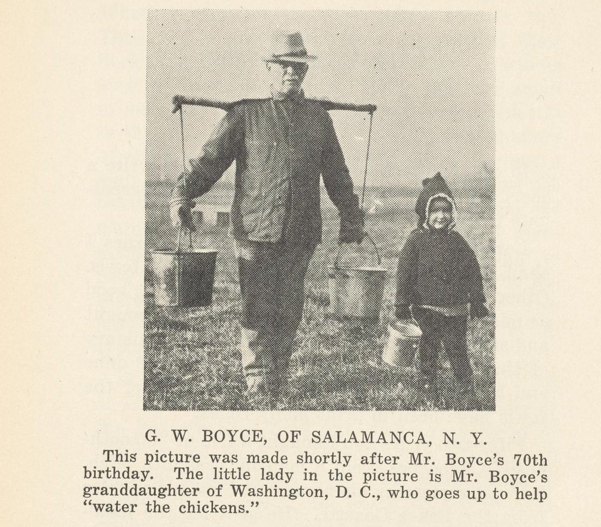 G. W. Boyce of Salamanca, New York, carrying water pails with his granddaughter, photographed shortly after his seventieth birthday