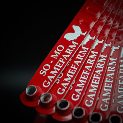 Red custom engraved leg bands for So-Mo Gamefarm