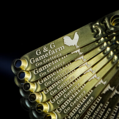 Brass custom engraved leg bands for G&G Gamefarm Go Getterz