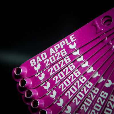 Purple custom engraved leg bands for Bad Apple 2026
