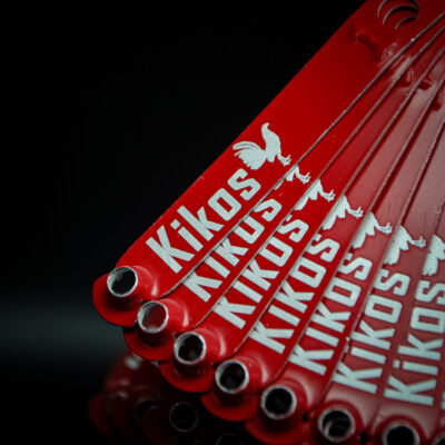 Red custom engraved leg bands for Kikos