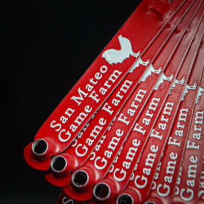 Red custom engraved leg bands for San Mateo Game Farm
