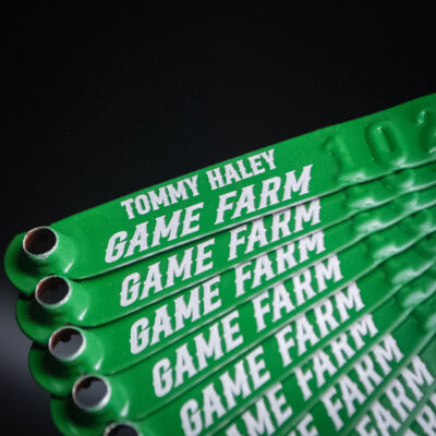 Green custom engraved leg bands for Tommy Haley Game Farm