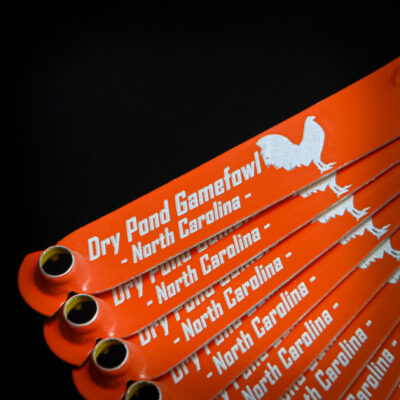 Orange custom engraved leg bands for Dry Pond Gamefowl